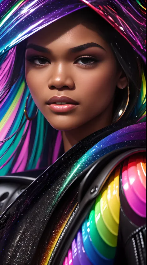 Zendaya amidst heavy thick gel rain, close up, glowing ebony black skin, clashing natural Elements swirling upon magical Rainbow colors tornado, photorealistic, hyperrealism, professional photography, DSLR, HDR, holographic emerging from 2D to 3D