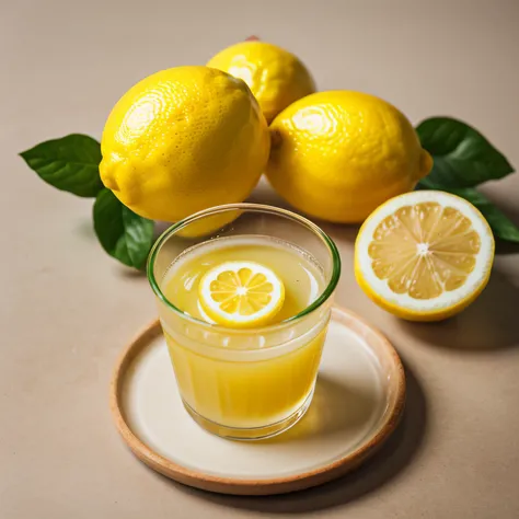 RAW photo, Lemon Juice, foodphoto, professional colour grading, soft shadows, no contrast, clean sharp focus, foodphoto,