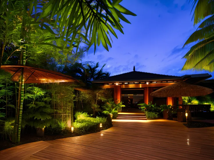 seen from outside, tropical location, frontview, restaurant, front side, resort, outside view, restaurant, exterior view, exterior, bamboo material, natural stone, night light, many tree, Decorative umbrella