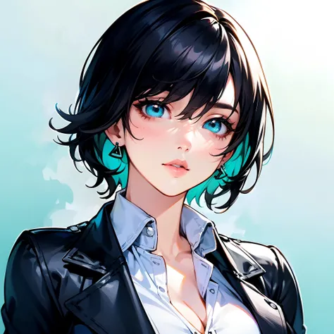 1woman, short black hair, turquoise eyes, medium breasts, full lips, white buttoned shirt, black trench coat, turquoise earrings, solo, best quality, masterpiece, portrait, simple background, looking at the camera, from the front, 1result, vibrant, detaile...