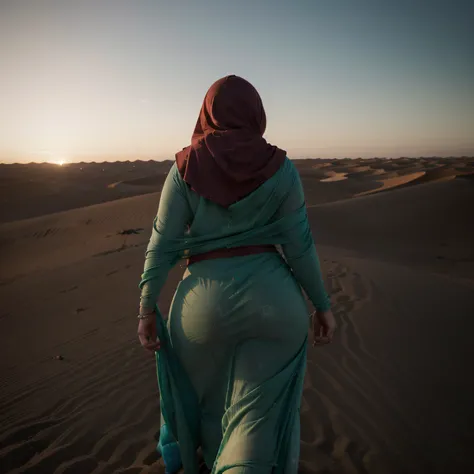 curvy fat woman, (blowing long hijab), walking on top of Sahara sand dune, ((looking away)), ((from behind)), (face hidden), (((Morocco))), breeze, ((dark red colorful sunset)), (green sheer dress), (((big curvy hips))), shimmer, (flowing green hooded kaft...