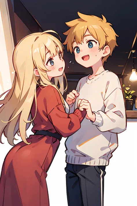 yellow blond long hair, 1Girl, 1 boy, couple, Sweaters, happy face