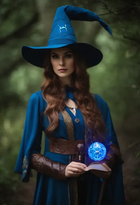 Um cosplay do personagem rune wizard, Wearing a pointy hat, uma capa azul, A Magic Staff and a Rune Book