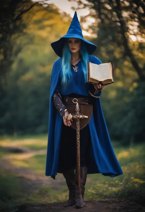 Um cosplay do personagem rune wizard, Wearing a pointy hat, uma capa azul, A Magic Staff and a Rune Book