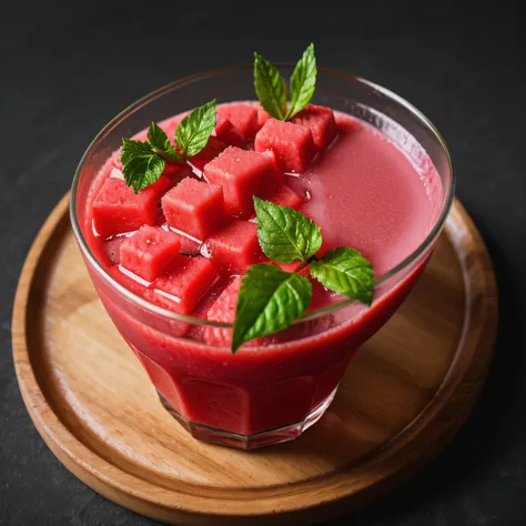 RAW photo, watermelon Juice, foodphoto, professional colour grading, soft shadows, no contrast, clean sharp focus, foodphoto,