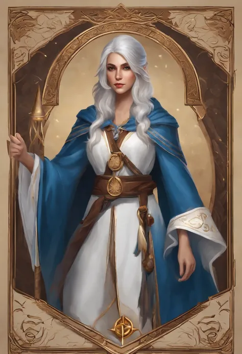 Crie uma imagem realista de uma pessoa vestida como um rune wizard do jogo mu online. A pessoa deve ter cabelos loiros, olhos azuis, A pointy hat, uma capa azul, a white robe and a staff with a rune symbol on the tip. The person should be in a heroic pose ...