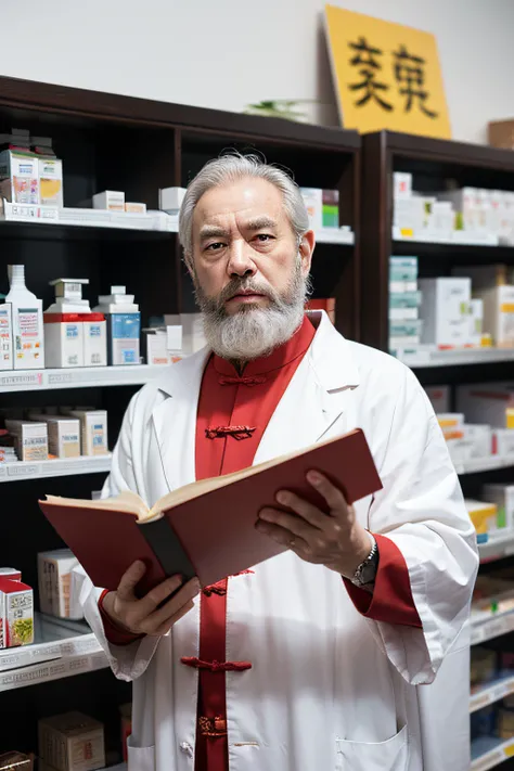 Chinese image，Real frontal photos，Authentic background，Pharmacy background，holding books，Manteau blanc，Face full of wrinkles，TCM image，Wise eyes，The beard is white，male people