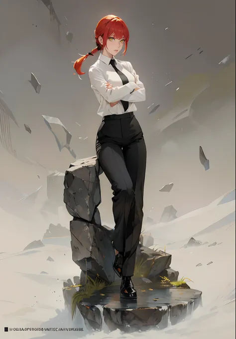 Masterpiece, 4k, high resolution, 
Makima, beautiful face, yellow eyes, white work shirt and black tie, black slacks, black shoes, black trench coat, red hair in a ponytail, arms crossed