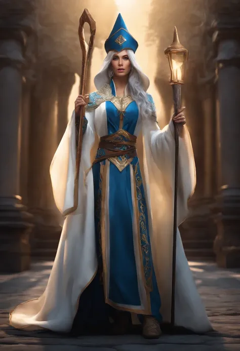 Crie uma imagem realista de uma pessoa vestida como um rune wizard do jogo mu online. A pessoa deve ter cabelos loiros, olhos azuis, A pointy hat, uma capa azul, a white robe and a staff with a rune symbol on the tip. The person should be in a heroic pose ...