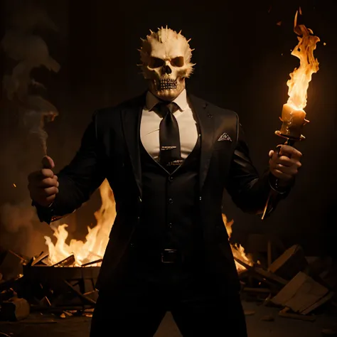 Ghost rider , muscled with huge pecs , hugge torso , huge arms , with a skull head like  with fire , in suit with a tie ans spikes