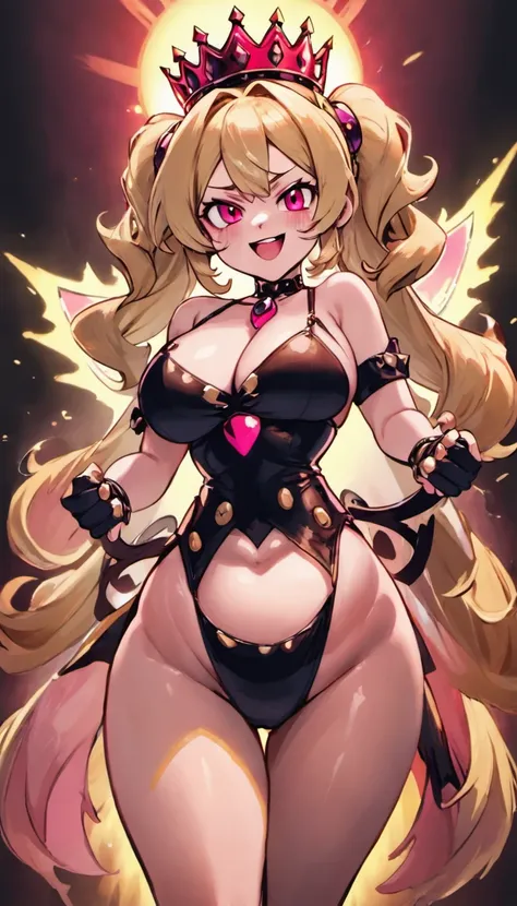 Bowsette, big breasts, cleavage, best quality, masterpiece portrait, (beautiful eyes: 1.2), shaded face, solo, full body, big butt, facing forward, smiling, smooth skin, dark blonde, tied up hair, pink crown, mushroom crown, spike bracelets, red eyes, larg...