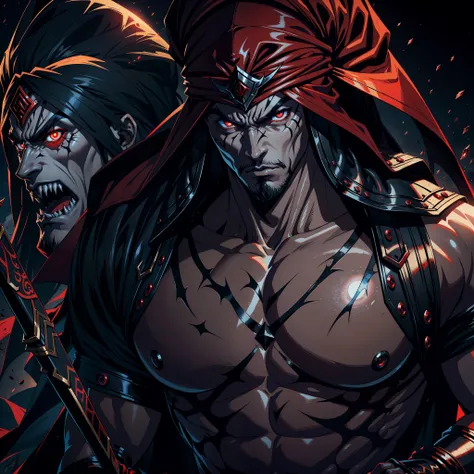 Castlevania Hyper Realistic Shadow Lord Super Detailed Dynamic Shot Master Piece of Lord Dracula Medieval Arab Warrior with Red Turban Scary Face Hokuto No Ken Structure Muscular Face Kenshiro Leading troops Army of demons to fight sharp details Cinematic ...