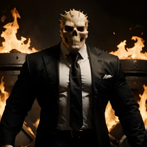 Ghost rider , muscled with huge pecs , hugge torso , huge arms , with a skull head like  with fire , in suit with a tie ans spikes