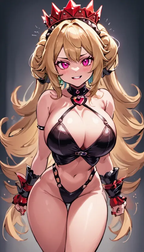 Bowsette, (big breasts: 1.6), cleavage, best quality, masterpiece portrait, (beautiful eyes: 1.2), shaded face, solo, full body, muscular body, big butt, facing forward, smiling, smooth skin, dark blonde, tied up hair, pink crown, mushroom crown, spike bra...