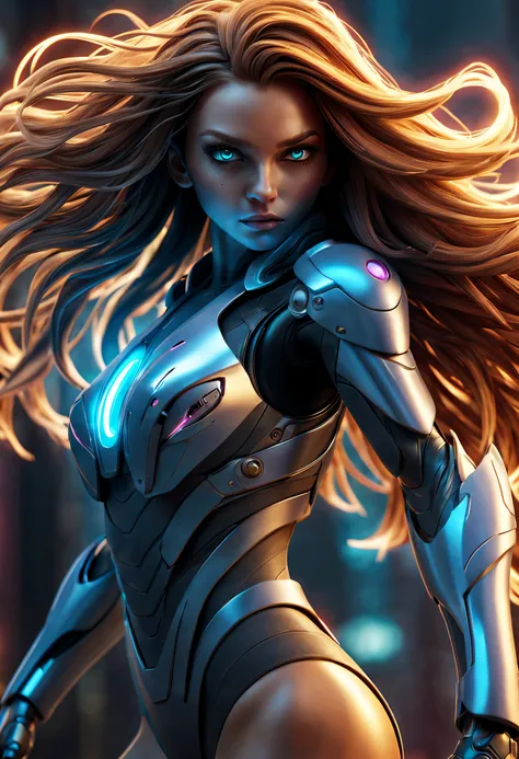 beautiful detailed eyes, long hair flowing in the wind, futuristic cybernetic limbs, powerful armored suit, glowing energy weapons, intense battle scene, sparks flying, fierce determination, high-tech environment, dramatic lighting, cinematic composition, ...