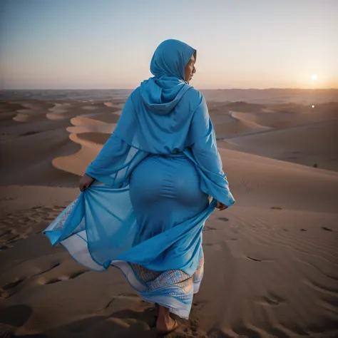 (curvy fat woman), (flowing blue hooded kaftan), walking on top of Sahara sand dune, ((looking away)), ((from behind)), (face hidden), (((Morocco))), breeze, ((amazing sunset)), (blowing blue sheer dress), (((big curvy hips))), bbw, shimmer, glowing, natur...