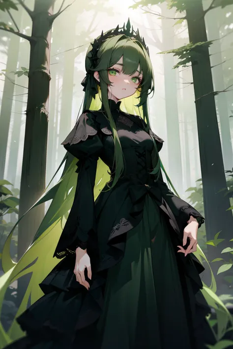 anime girl, long very dark green hair, beautiful green eyes, in a beautiful black and dark green long sleeved dress with white lace, hair accessories, standing in the middle of a dark forest, good anatomy, looking at viewer, neutral expression 8k, high res...