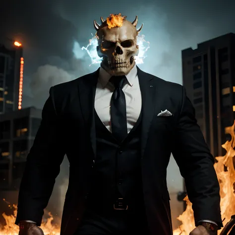 Ghost rider , muscled with huge pecs , hugge torso , huge arms , with a skull head like  with fire , in suit with a tie ans spikes