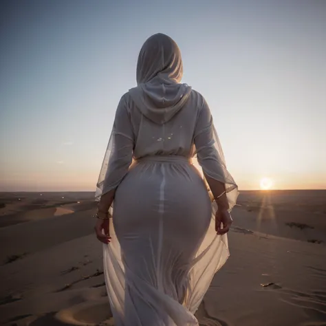 (curvy fat woman), (flowing hooded kaftan), walking on top of Sahara sand dune, ((looking away)), ((from behind)), (face hidden), (((Morocco))), big breeze, ((amazing sunset)), (blowing sheer dress), (((big curvy hips))), bbw, shimmer, glowing, natural ski...