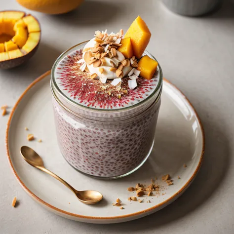 RAW photo, Chia pudding with mango and coconut, foodphoto, professional colour grading, soft shadows, no contrast, clean sharp focus, foodphoto,