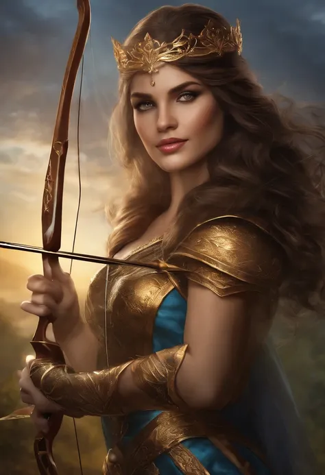 A woman in a costume with a bow and arrow in her hands, arte conceitual por Yang J, art-station, arte de fantasia, Cavaleiro elfo sedutor da princesa, Menina elfa, Elfo Feminino, elfo princesa cavaleiro, rainha elfa, Rainha elfa bonita e elegante, Princesa...