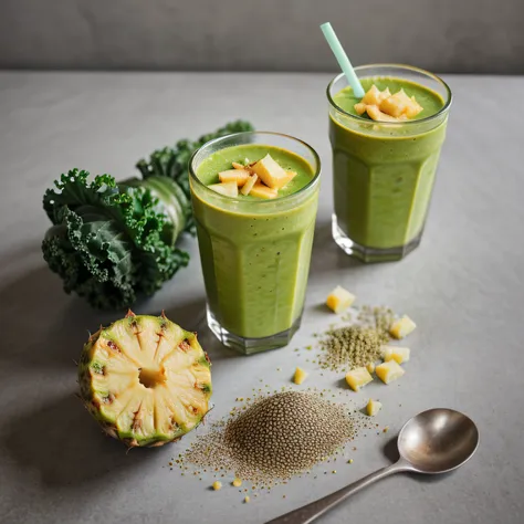 raw photo,  smoothie with kale, pineapple, and flax seeds, foodphoto, professional colour grading, soft shadows, no contrast, cl...