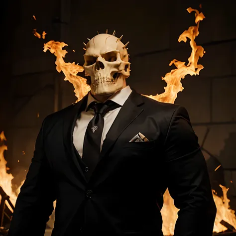 Ghost rider , muscled with huge pecs , hugge torso , huge arms , with a skull head like  with fire , in suit with a tie ans spikes