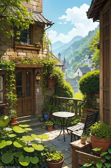 (micro-landscape:1.5),(best quality), ((masterpiece)), (highres), illustration, original, extremely detailed wallpaper, no humans, window, scenery, plant, water, potted plant, outdoors, building, door, house,  flower pot, day, lily pad, chair, flower, tabl...