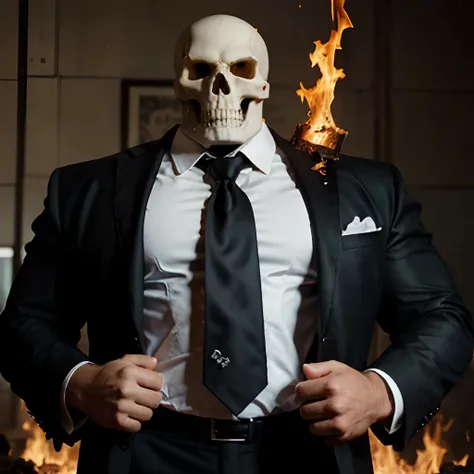 Ghost rider , muscled with huge pecs , hugge torso , huge arms , with a skull head like  with fire , in suit with a tie ans spikes