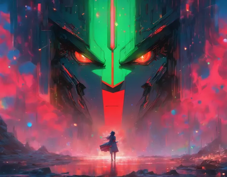 (A woman glared at the audience, Stand in front of the huge object of the Mechman Optimus Prime),(A huge object with the image of the mecha Optimus Prime), album cover concept art, jessica rossier fantasy art, in the style of beeple, The aura is infinite
b...