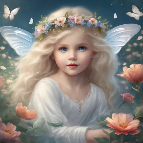 A fantastic scene：Little white fairy，Wearing a flower crown on his head，Two blue-blue eyes，The back grows a pair of beautiful white butterfly wings，With a beautiful white moon season, floating in the mid-air of a sea of colorful flowers，Barefoot，Long hair ...