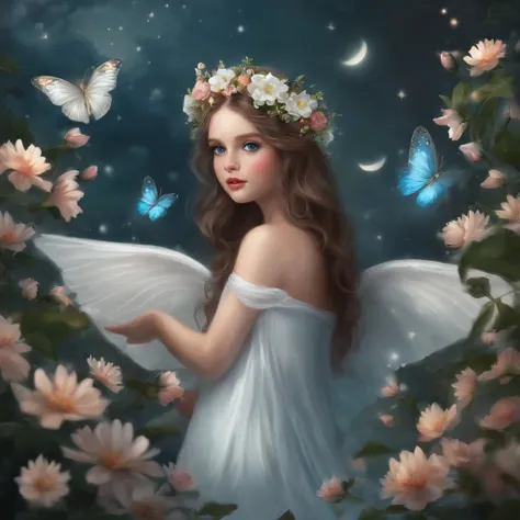 A fantastic scene：Little white fairy，Wearing a flower crown on his head，Two blue-blue eyes，The back grows a pair of beautiful white butterfly wings，With a beautiful white moon season, floating in the mid-air of a sea of colorful flowers，Barefoot，Long hair ...