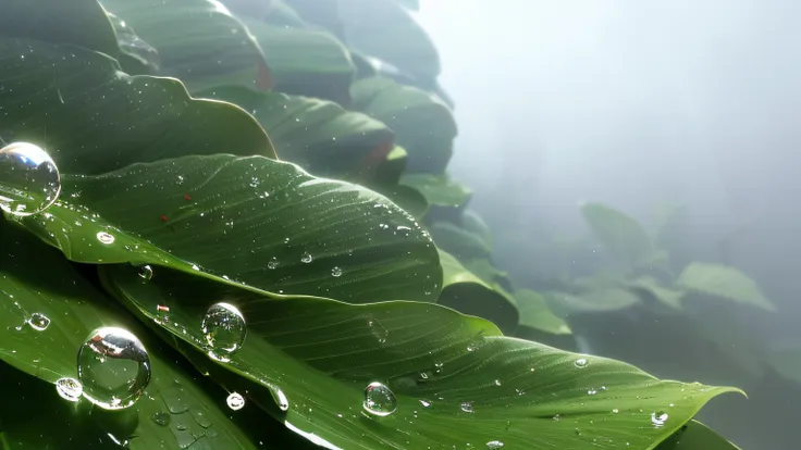 (close-up of water droplets collected on the taro leaves:1.3), mist in the woods, clear stream, sunlight filtering through the f...