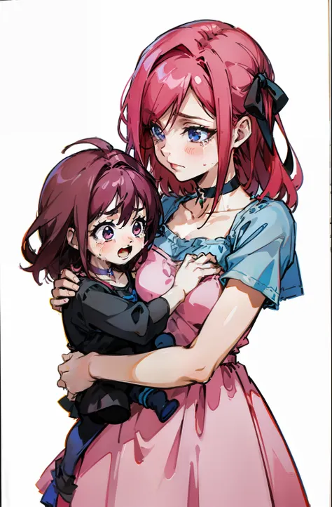 she holds a crying child with reddish pink hair and hair ribbon in a blue camisole with dress, choker。