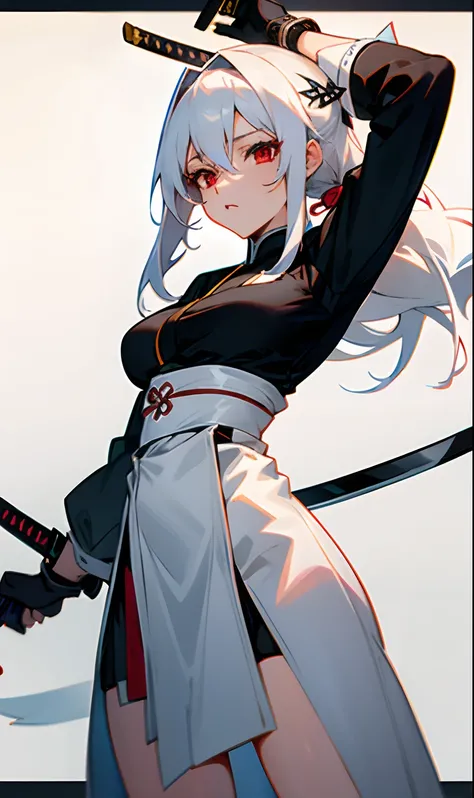 Garota com corpo forte, medium breasts with long straight white hair down to her leg wearing a black haori with some white armbands and some white articles of clothing with a katana at the blue waist and hair tied up in the red eyes