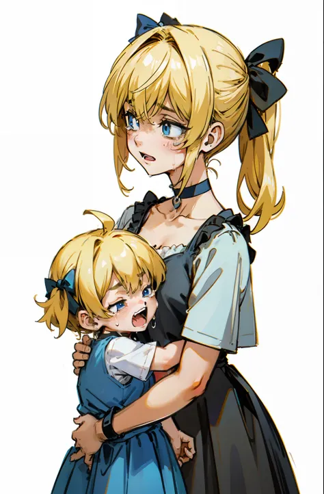 she holds a crying child with blonde hair and hair ribbon in a blue camisole with dress, choker。