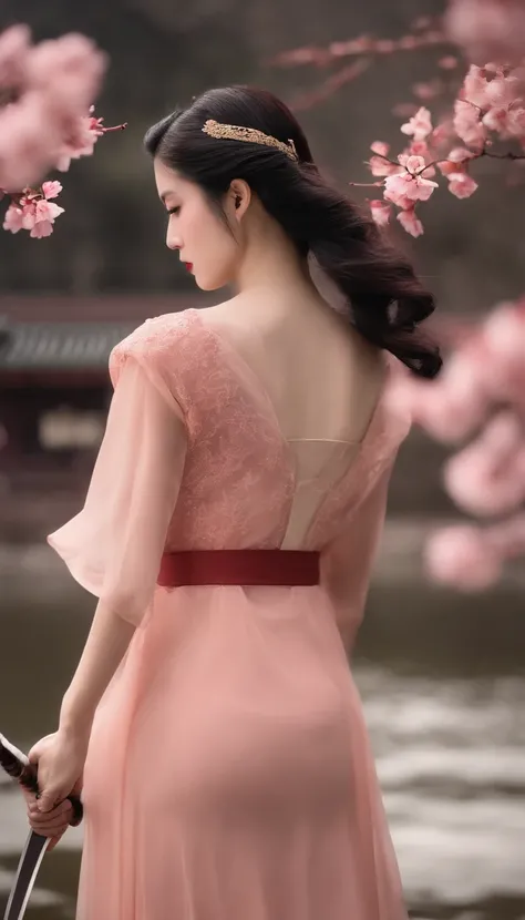 Danfeng Eyes，bushido，The upper part of the body，Black coiled hair，Simple hairpins，Cold eyes，solo person，orthofacial，frontage，Peach blossom background，Highly saturated colors，Hyper Real，8K high-definition，holding a longsword，Absolutely beautiful，high light，...