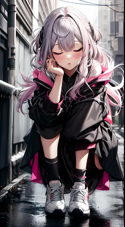 Pink and silver hair color、Black clothes、Black skirt、kiss、white sock、Perfect body