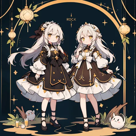 (2girls) fullllbody, Character Design, nighttime scene、Brown dress、White hair、Yellow eyes、☆Pattern of、(Masterpiece、Rori、high-level image quality、8K)