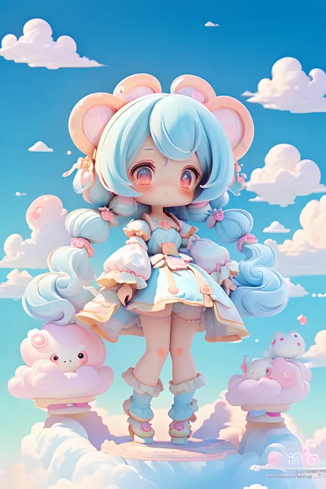 ((best quality)), ((masterpiece)), (detailed), Best quality, masterpiece, Chibi girl 1, solo, double big chinese buns, double long twintail hair, dreamy, pastel color, kawaii, rainbow, standing, shadow, fairytale, lolita dress, (Luis Royo:1.2), (Yoshitaka ...