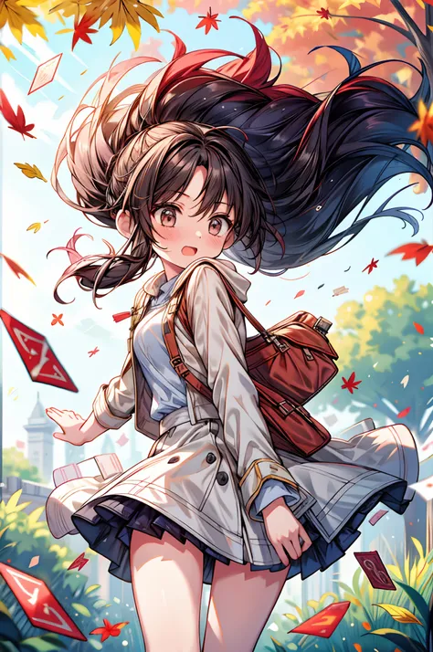 autumn, a 1girl, Runs, Hurry, Worried, Hair develops in the wind, Clothes flutter in the wind, Leaves are flying behind it, Cards