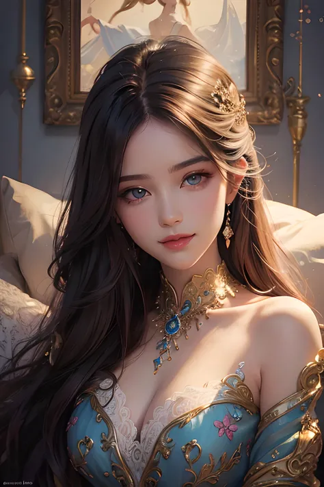 beautiful detailed eyes, seductive smile, long flowing hair, soft lighting, vibrant colors, dreamy atmosphere, artistic oil painting style, delicate brushstrokes