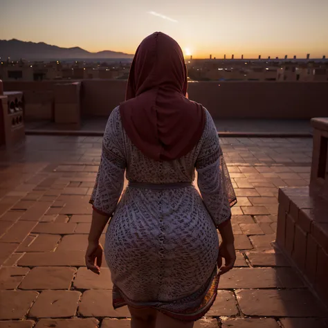 (curvy fat woman), (red hooded kaftan), ((walking in Ouarzazate Morocco))), ((looking away)), ((from behind)), (face hidden), big breeze, ((amazing sunset)), (colorful tight dress), (((big curvy hips))), bbw, glowing, natural skin, (Moroccan), 24mm, 4k, so...