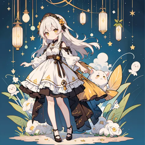 (独奏、1girl in), fullllbody, Character Design, nighttime scene、Brown dress、White hair、Yellow eyes、☆Pattern of、(Masterpiece、Rori、high-level image quality、8K)