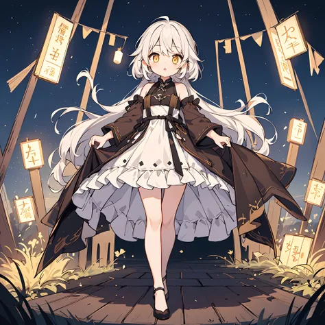 (独奏、1girl in), fullllbody, Character Design, nighttime scene、Brown dress、White hair、Yellow eyes、☆Pattern of、(Masterpiece、Rori、high-level image quality、8K)