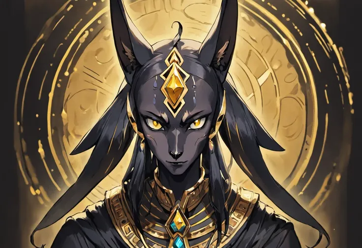 Dark and moody portrait of Anubis, Egyptian god of death, With golden tears, Face straight at the viewer. His face is detailed and intricate, In the style of Hilma af Klint, Bold colors. The background is shadowy、Subtle, Make the focus of the portrait Anub...