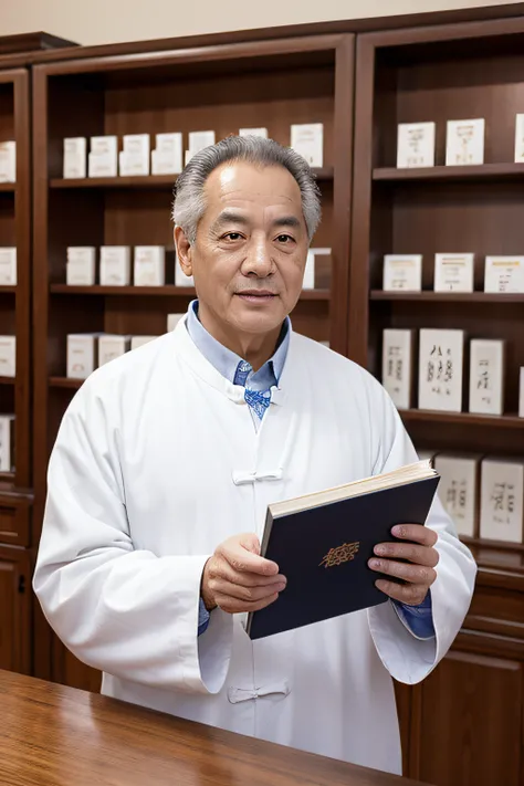 Chinese image，Real frontal photos，Authentic background，Pharmacy background，holding books，Manteau blanc，Face full of wrinkles，TCM image，Wise eyes，male people