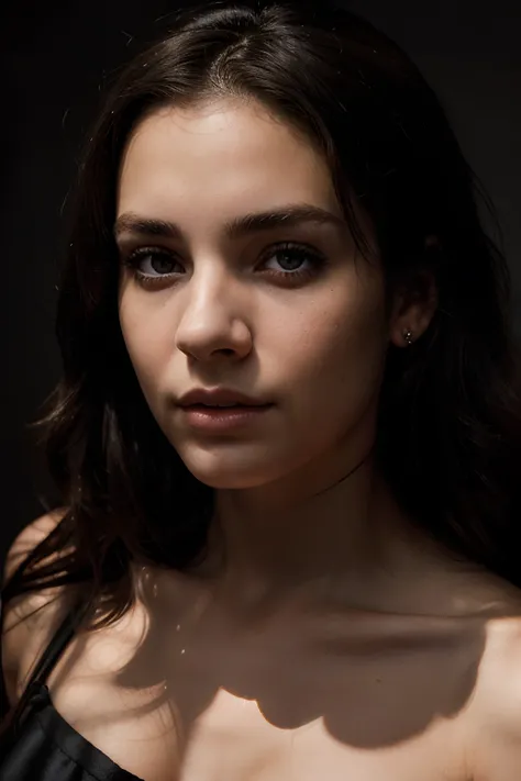 Moody high contrast portrait of a pensive young brunette woman with sparkling eyes, half her face concealed in shadow, tight facial close up, dark background, side lighting revealing her gaze, straight on perspective, in Arnold Newmans dramatic style,  det...