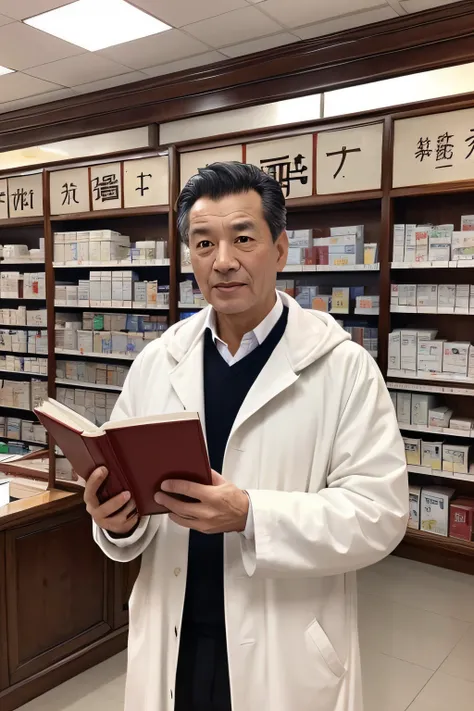 Chinese image，Real frontal photos，Authentic background，Pharmacy background，holding books，Manteau blanc，Face full of wrinkles，TCM image，Wise eyes，male people