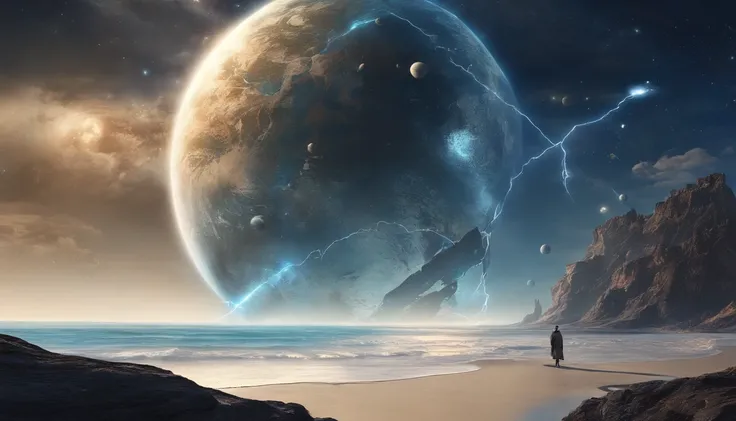 huge planet, the night, starrysky, surrealism, masutepiece, hight resolution、Impressive Milky Way:1.9、sand beach、Vast blue ocean、Blue glacier、lightning bolt:1.9、Protoplanets、Search robot standing behind、